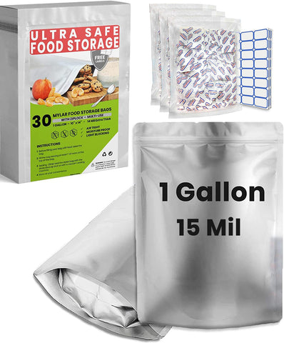 Home Sensei 1 gallon Mylar bags with zipper seal for organized long-term storage.