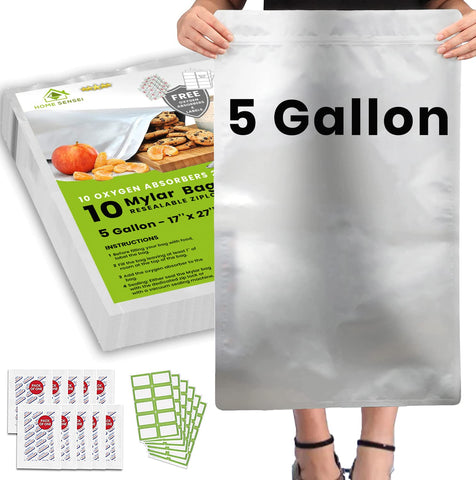 Home Sensei 5-gallon Mylar bag with zipper seal protects pantry items from moisture.