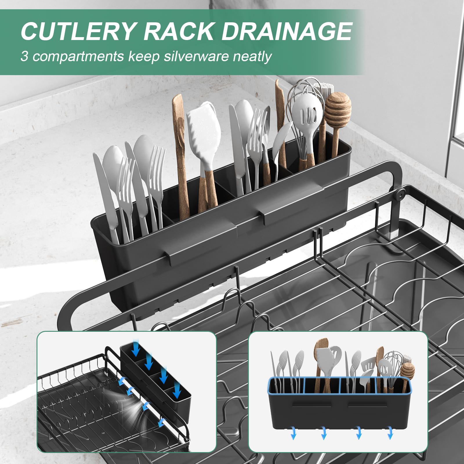 HOMEAILIE dish drying rack with adjustable drainage tray keeps countertops dry.