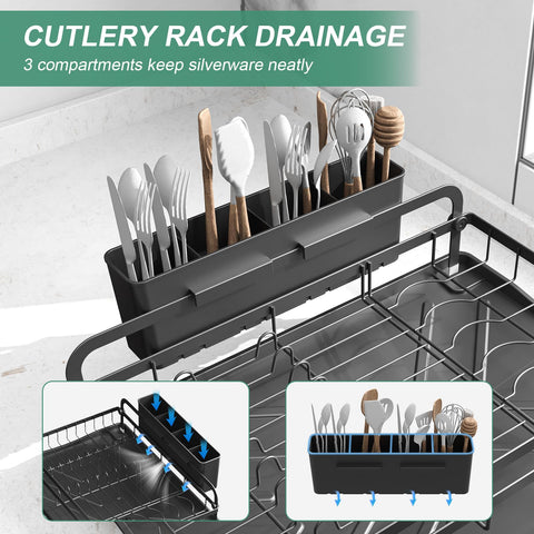 HOMEAILIE dish drying rack with adjustable drainage tray keeps countertops dry.