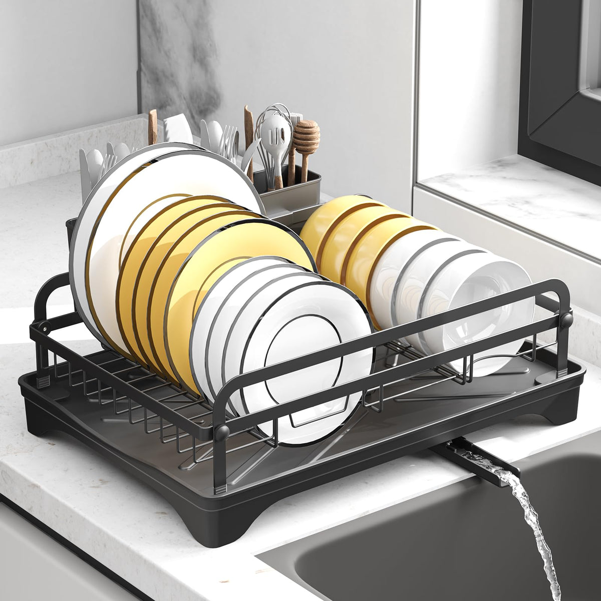 HOMEAILIE dish drying rack on counter with open frame for fast air drying.