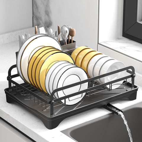 HOMEAILIE dish drying rack on counter with open frame for fast air drying.