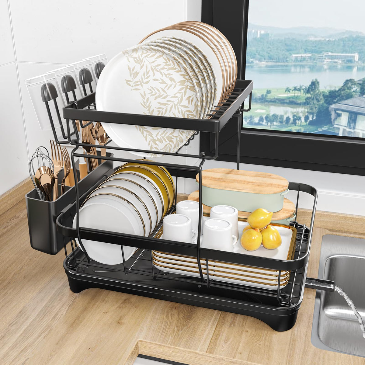 HOMEAILIE dish drying rack top view shows dual levels for organized drying