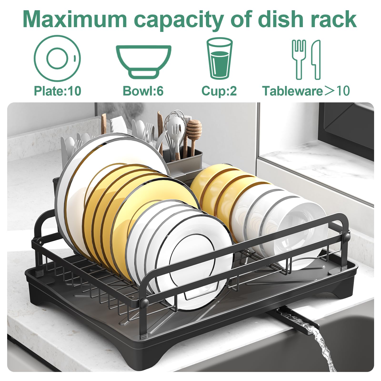 HOMEAILIE dish drying rack with utensil holder offers organized utensil storage after washing.
