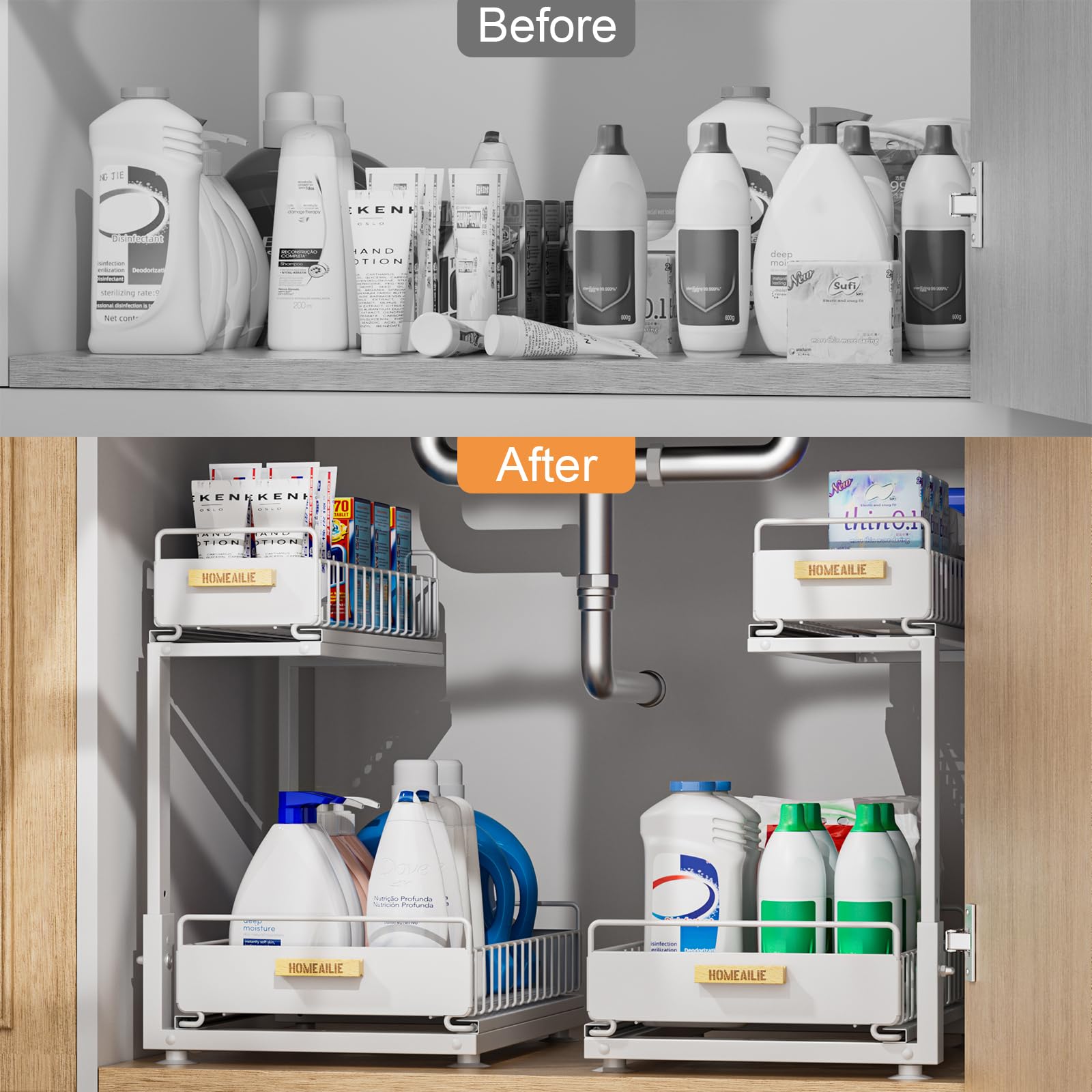 HOMEAILIE double-tier design doubles storage without blocking access to items.