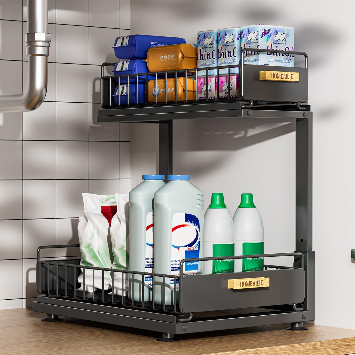 HOMEAILIE under-sink organizer with double-layer pullout for easy access to bottles