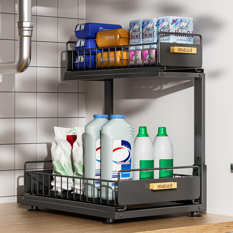 HOMEAILIE under-sink organizer with double-layer pullout for easy access to bottles