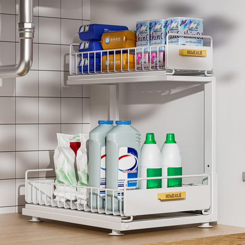 HOMEAILIE under-sink organizer with double pull-out for easy access to supplies.