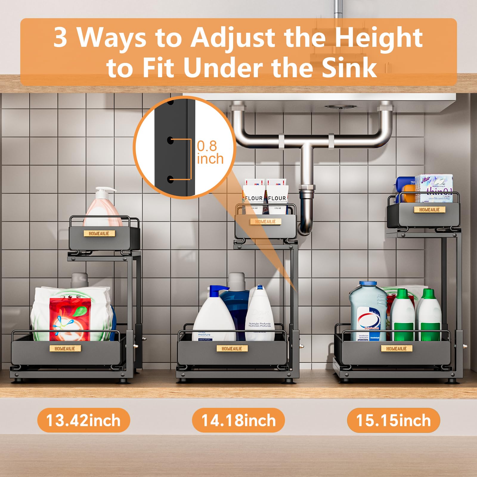 HOMEAILIE under-sink organizer L-shaped design fits tight corners around pipes