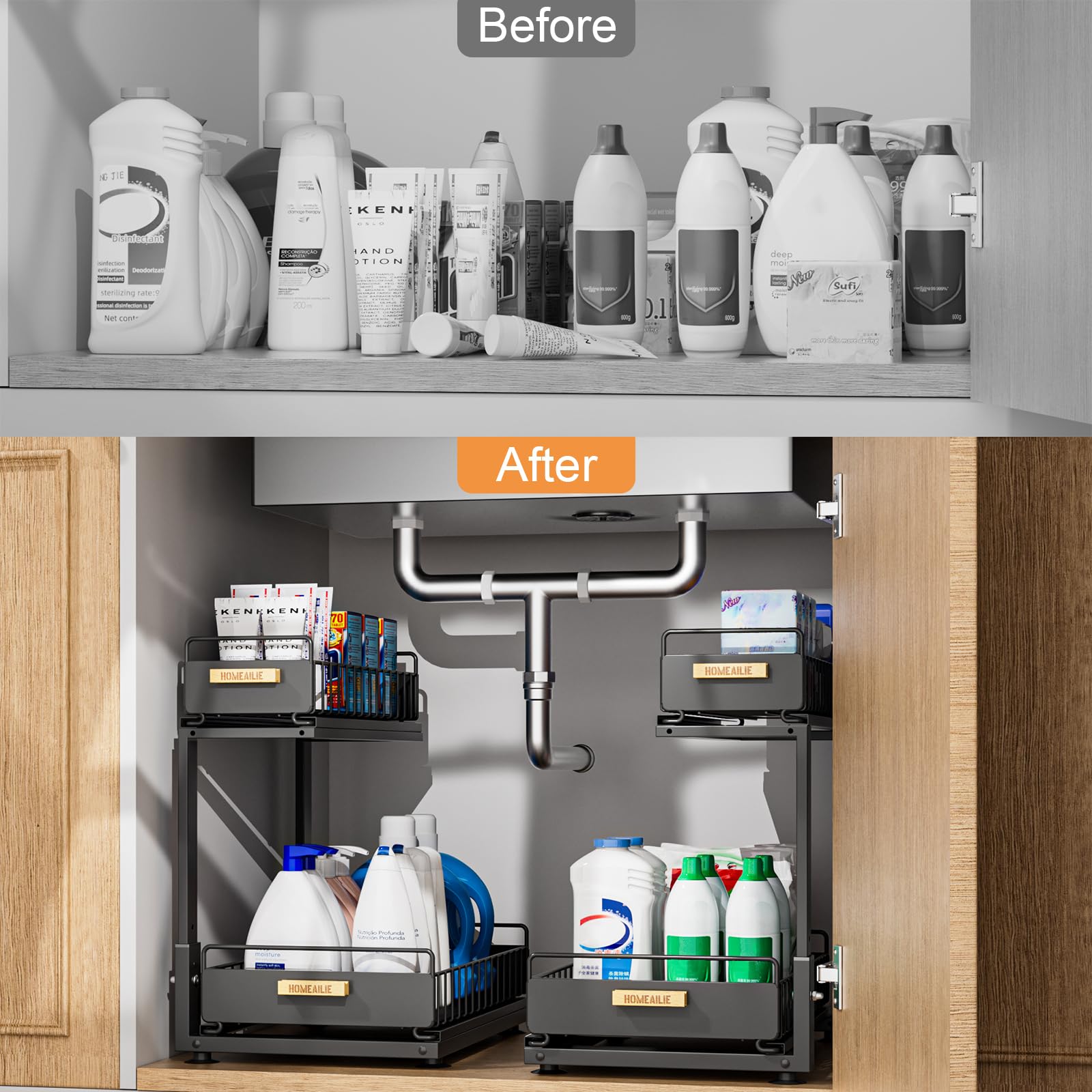 HOMEAILIE under-sink solution maximizes vertical space with a pull-out shelf