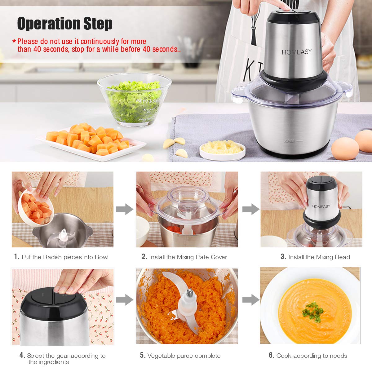 Homeasy 350W motor powers quick processing of meats and vegetables.