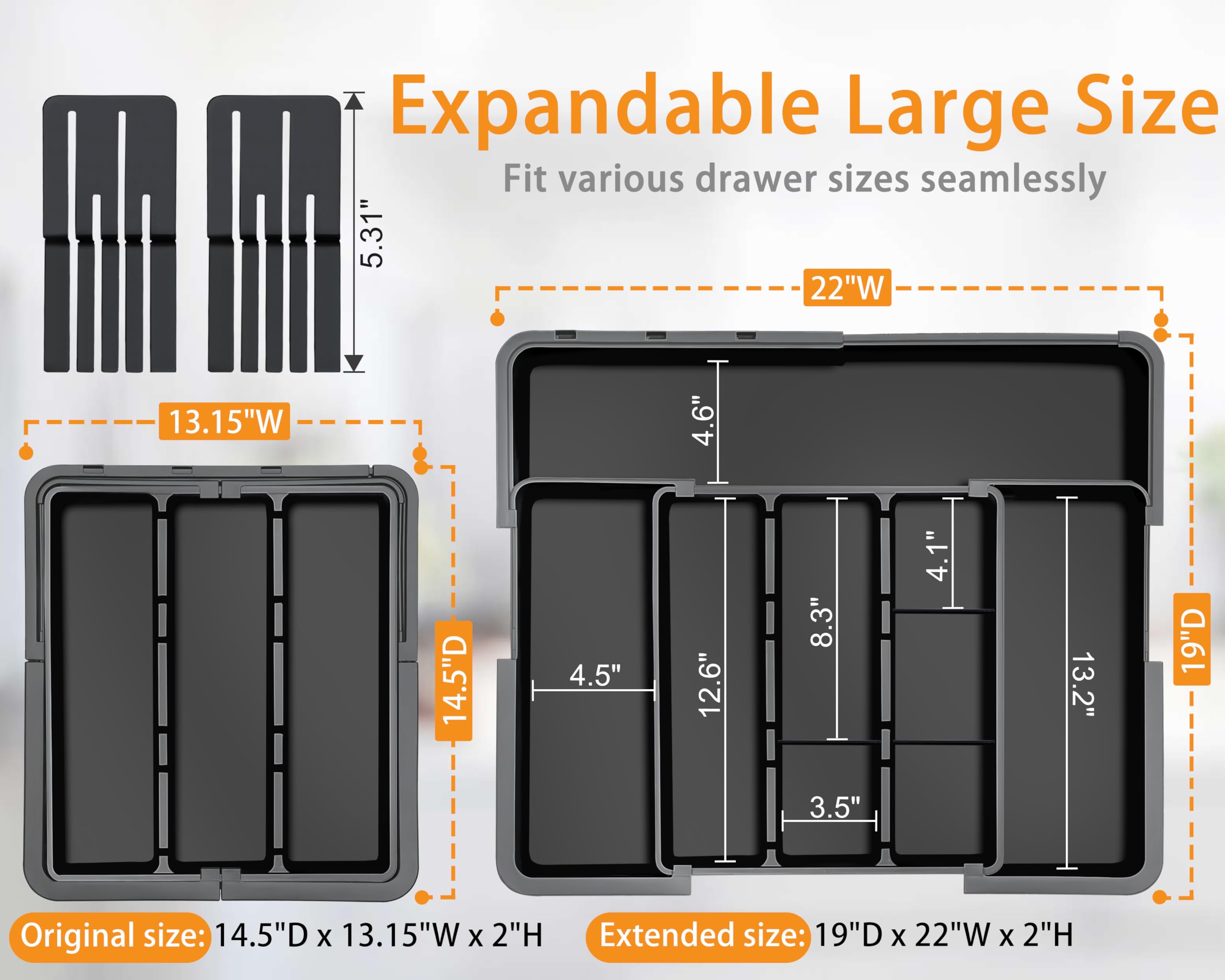 Homecor organizer right panel extended shows expanded capacity for spatulas and ladles.