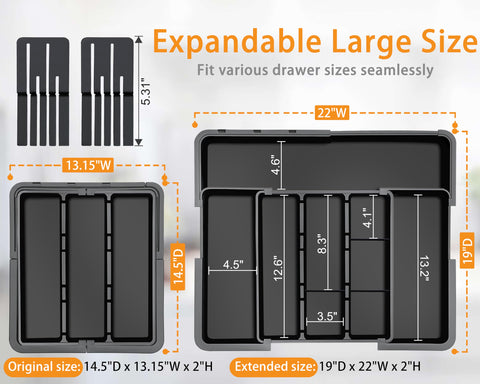 Homecor organizer right panel extended shows expanded capacity for spatulas and ladles.