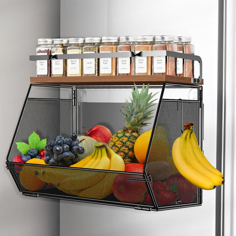 Homecor magnetic shelf on fridge with fruit basket keeps produce organized and accessible.