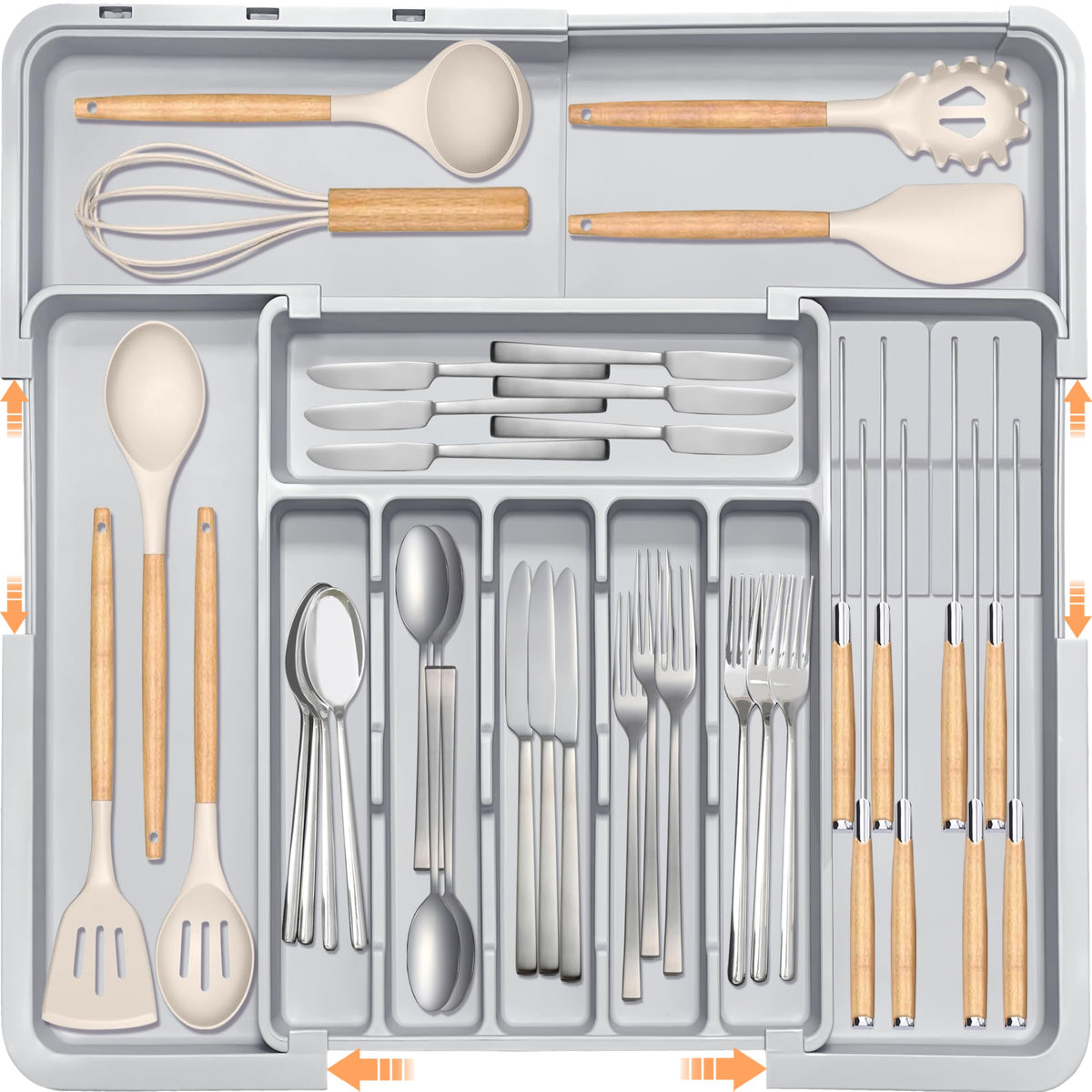 Homecor silverware drawer organizer with adjustable compartments for a precise fit.