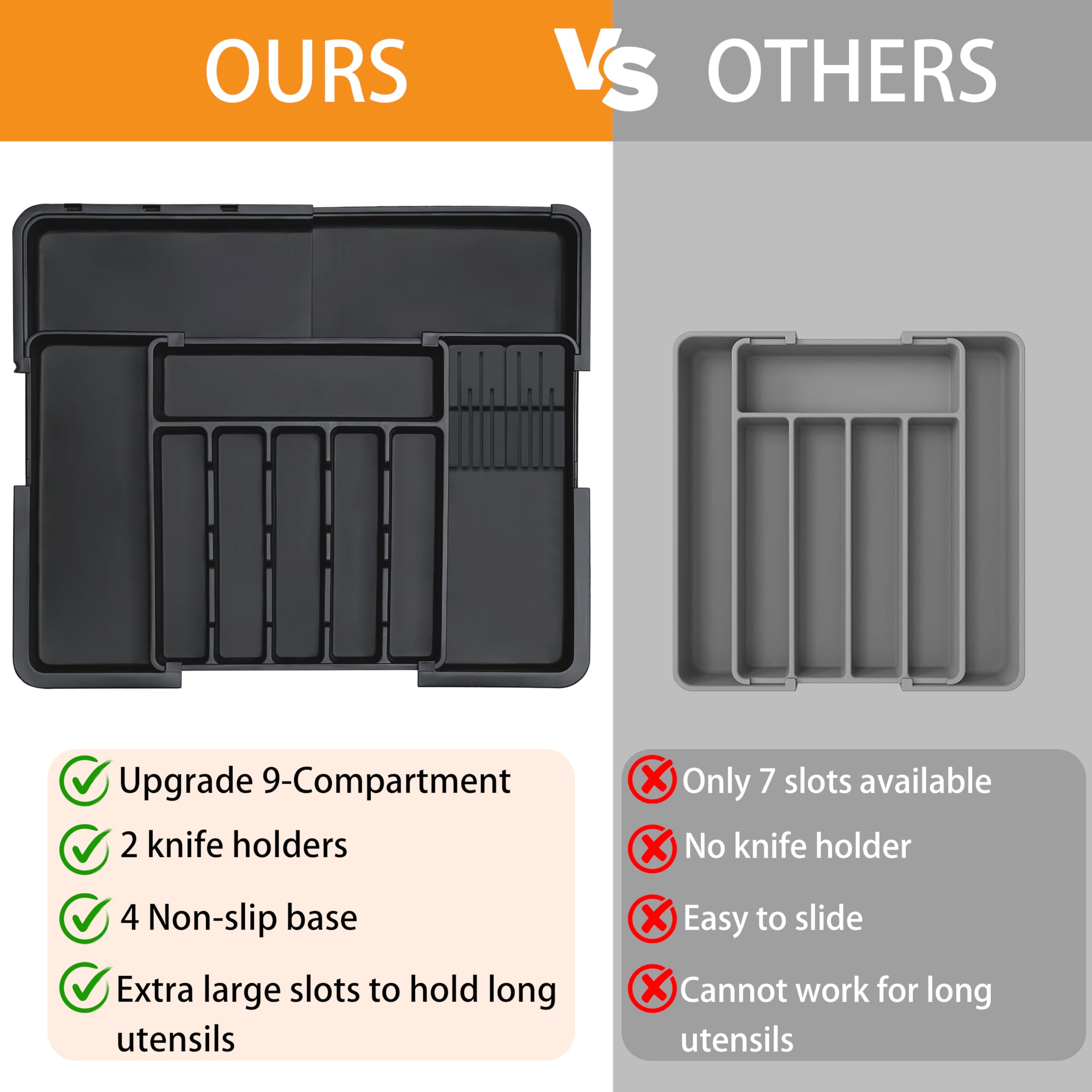 Homecor anti-slip base keeps utensils securely in place during drawer slides.