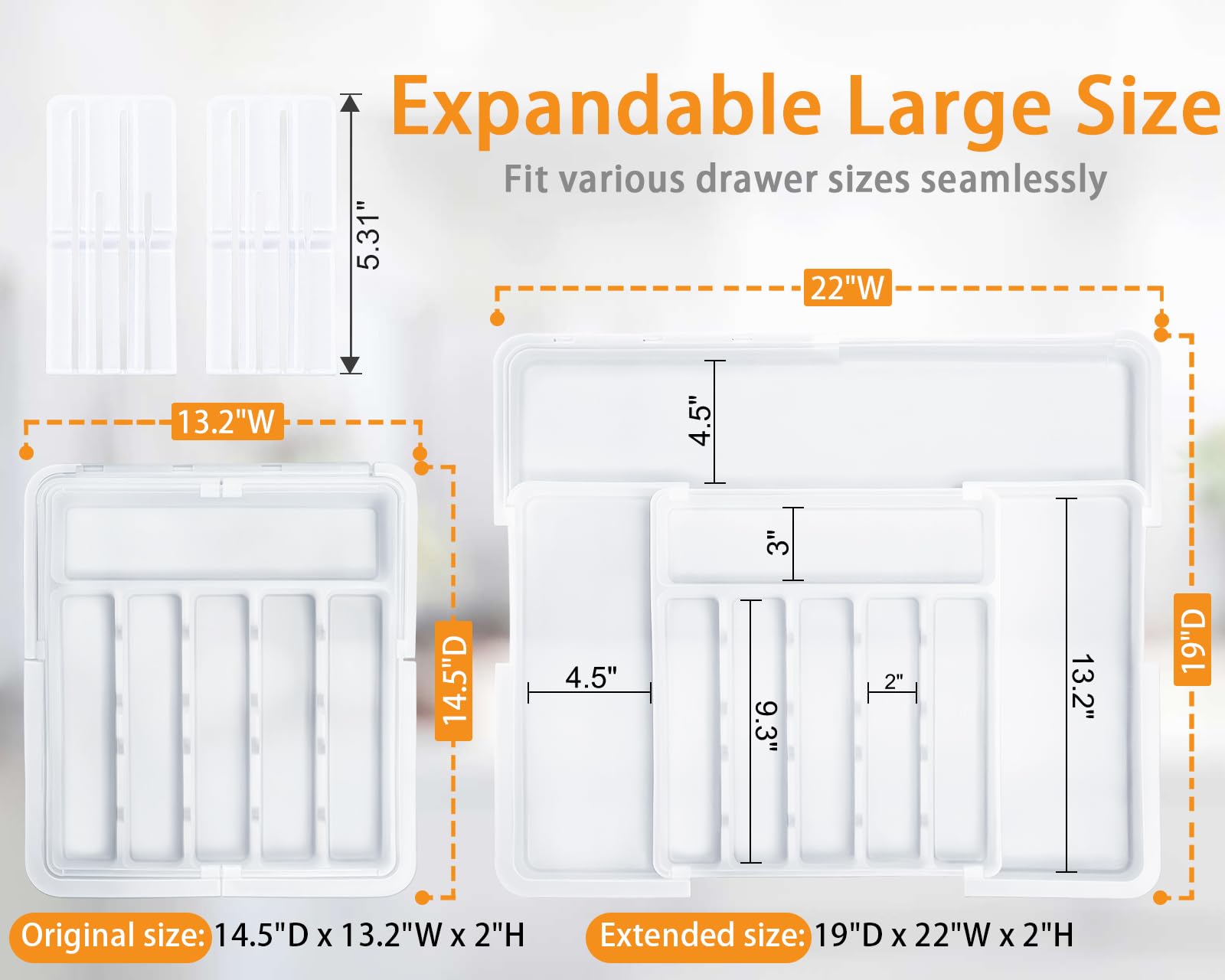 Homecor silverware organizer extended in a spacious drawer showing expanded capacity.