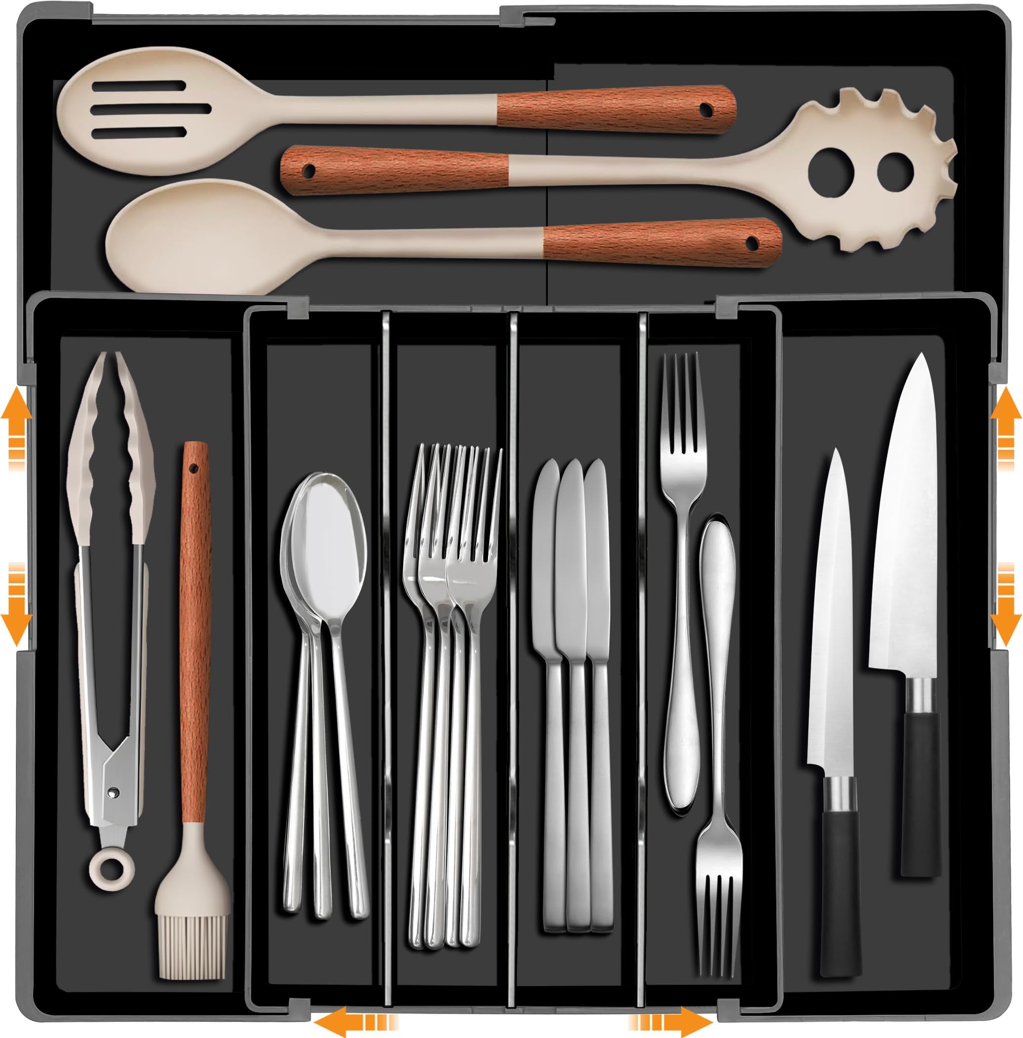 Homecor silverware organizer extended width demonstrates flexible fit for wider drawers.