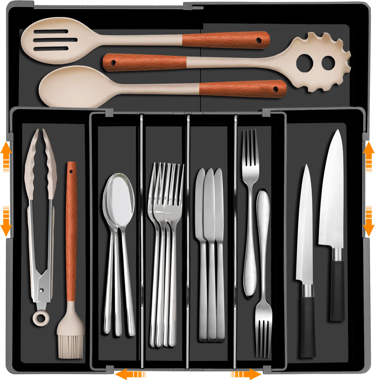 Homecor silverware organizer extended width demonstrates flexible fit for wider drawers.