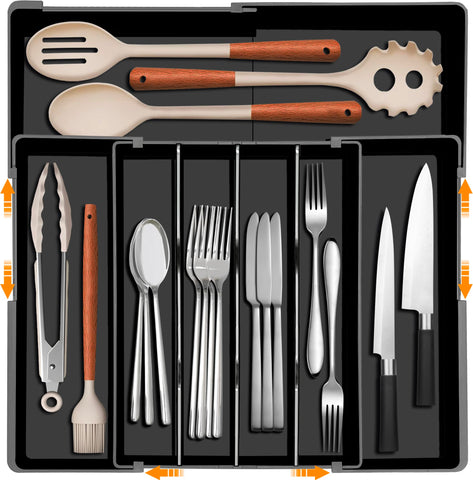 Homecor silverware organizer extended width demonstrates flexible fit for wider drawers.