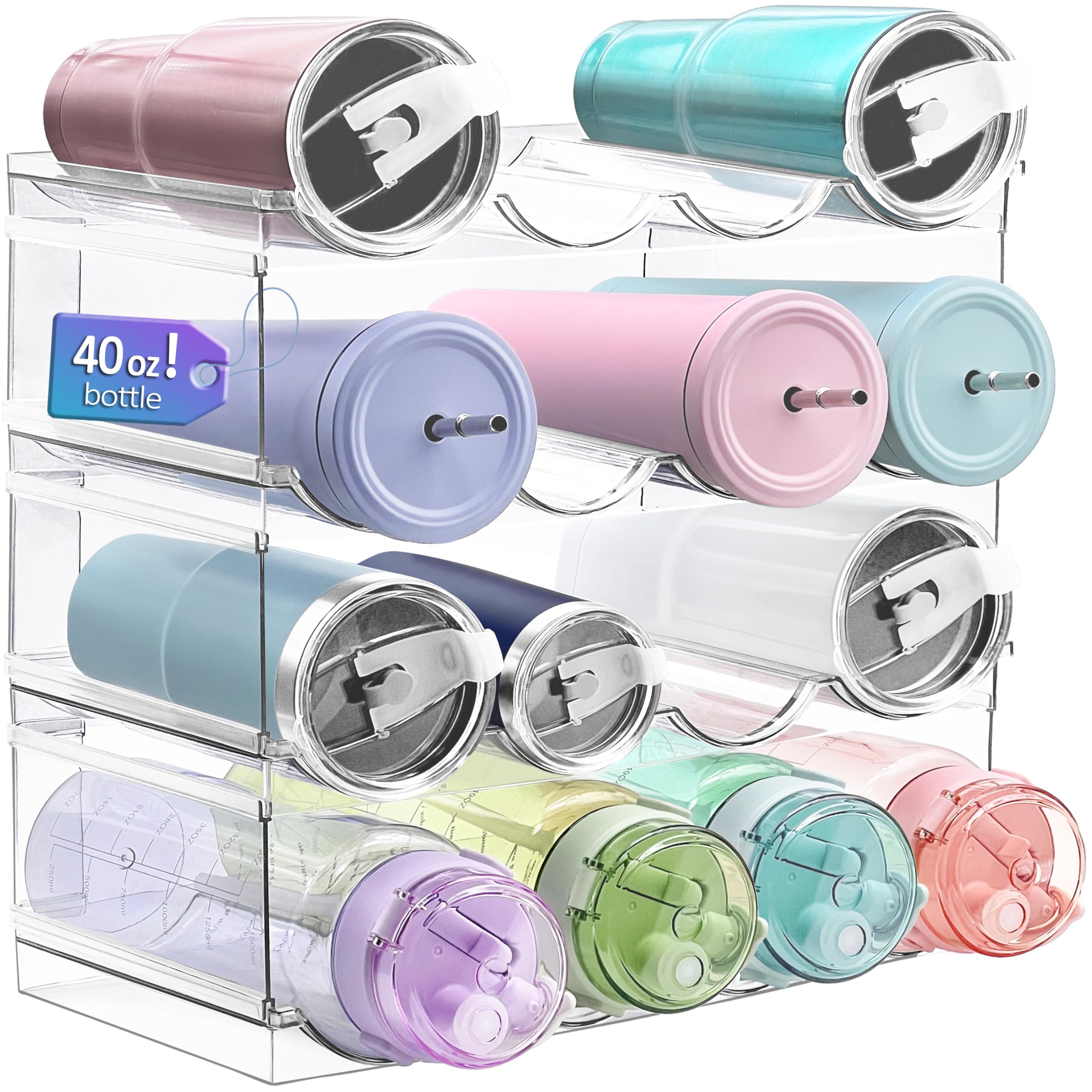 Homecor four-pack water bottle organizer with large compartments keeps bottles upright in a cabinet.