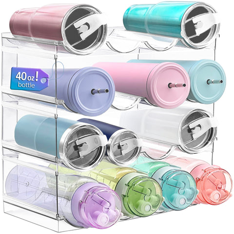 Homecor four-pack water bottle organizer with large compartments keeps bottles upright in a cabinet.