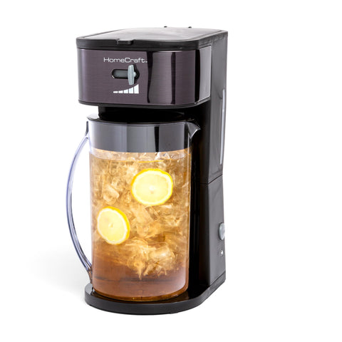 Homecraft 3-Quart iced coffee maker front view in black finish for a sleek countertop presence