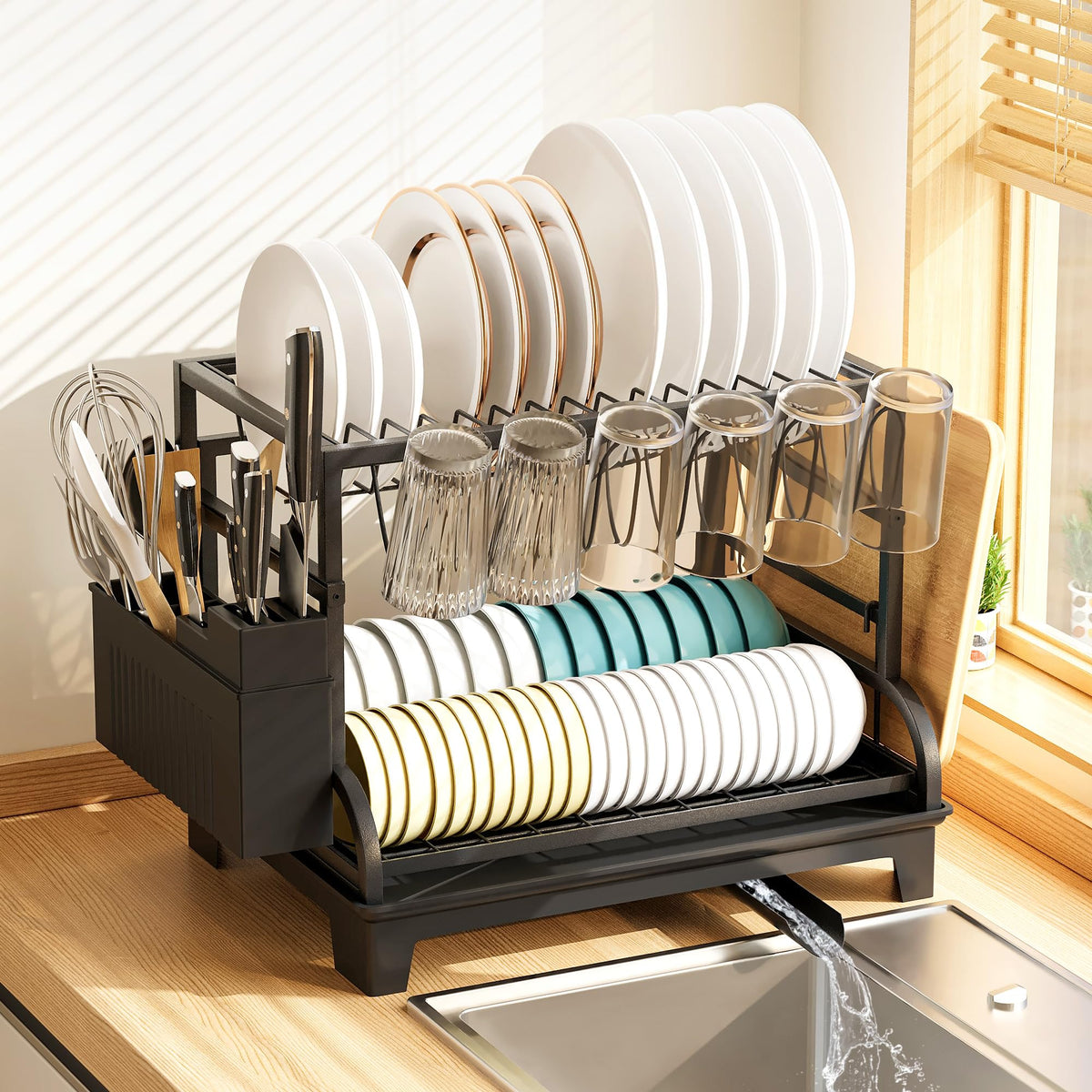 HomeCurated 2-Tier Foldable Dish Rack expands drying space for dishes and bowls