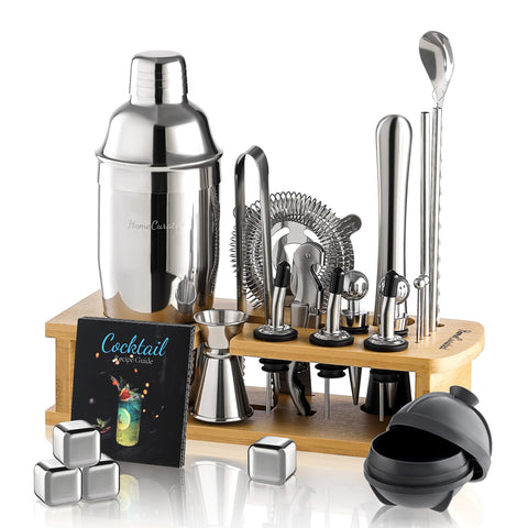 HomeCurated cocktail shaker set with stand, organized and display-ready for entertaining.
