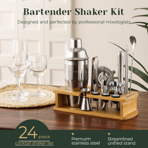 HomeCurated jigger, strainer, and muddler enable precise, smooth mixing.