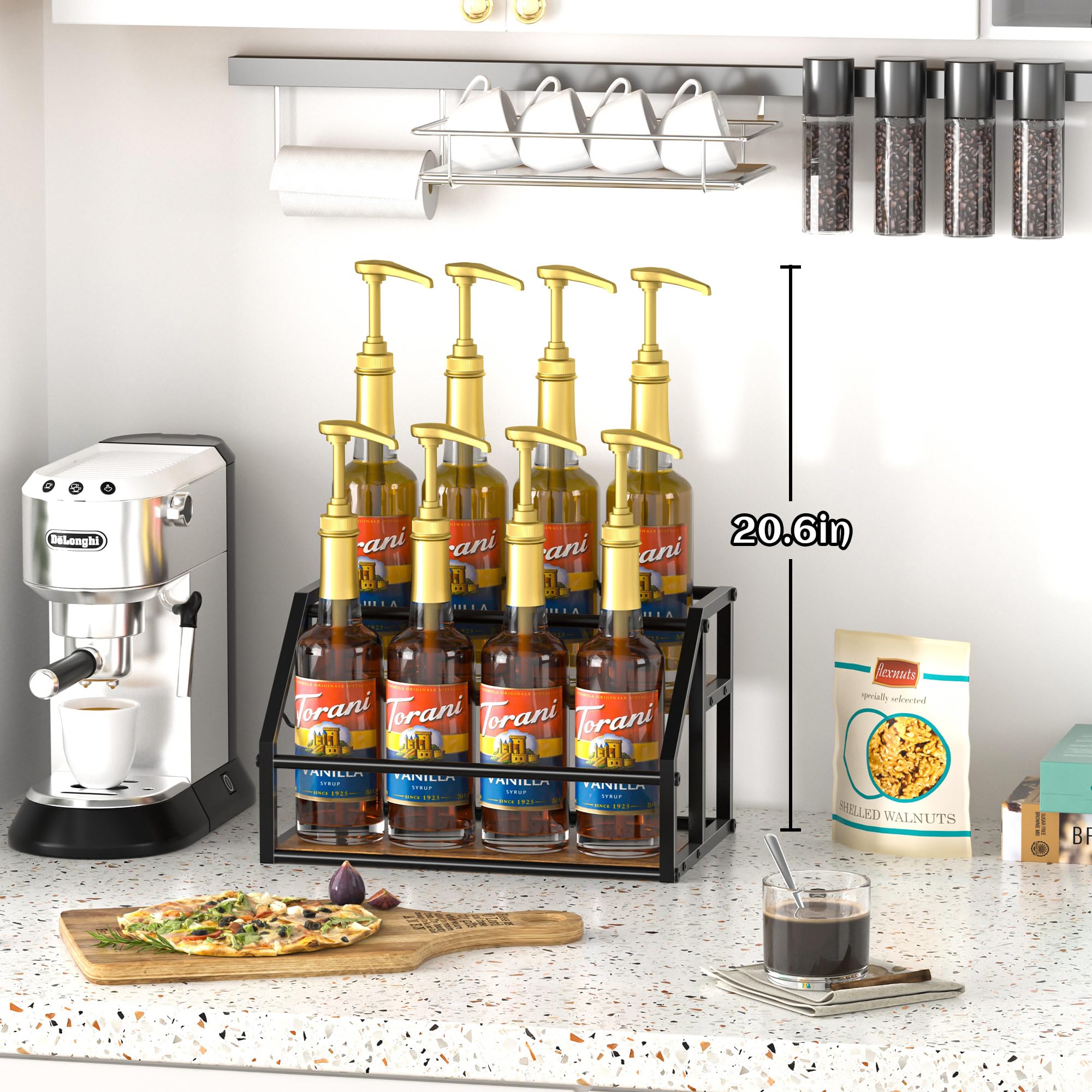 Homedawn coffee syrup rack organizer side view highlights sturdy wood and metal frame.