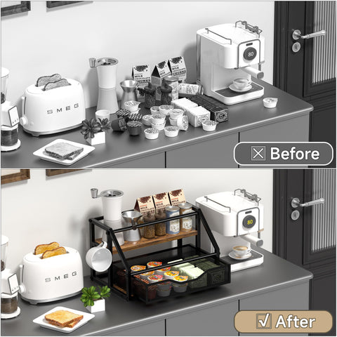 Homedawn syrup rack on a kitchen counter keeps bottles visible and accessible.