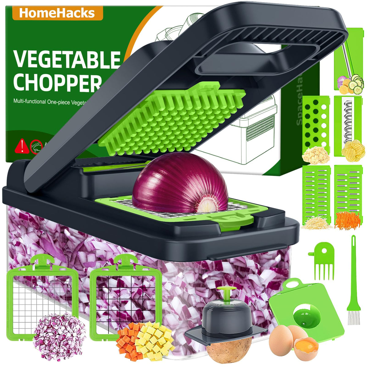 HomeHacks 12-in-1 chopper blades enable versatile slicing and dicing.