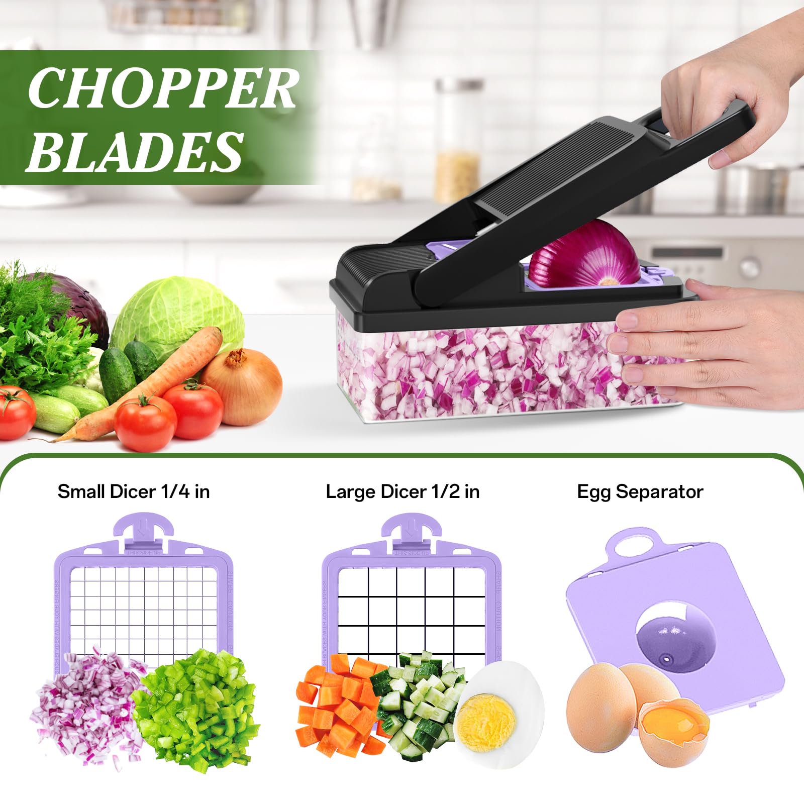 HomeHacks purple chopper shows precise slicer cuts for salads and sides.
