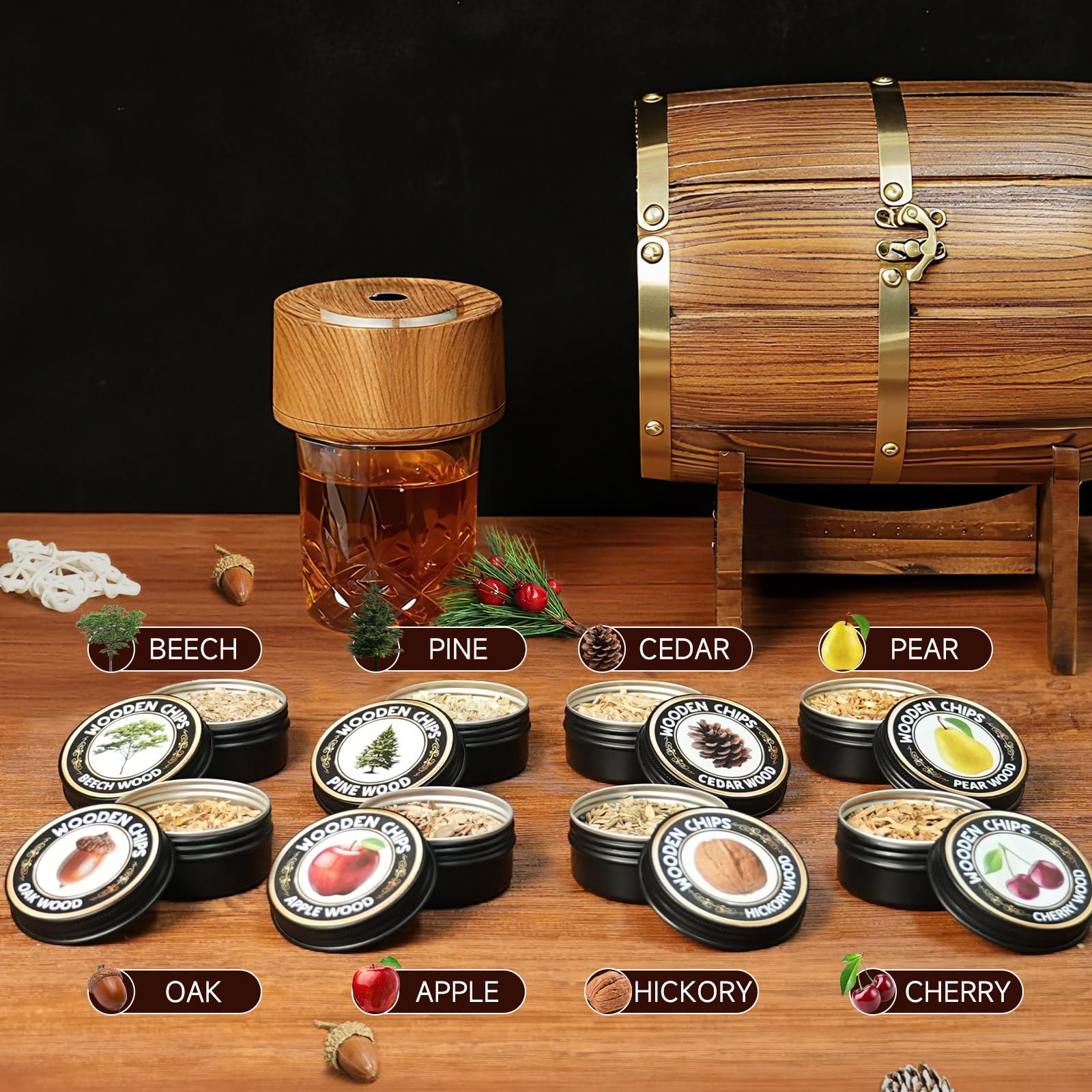 Barrel-case presentation doubles as an elegant bar display.