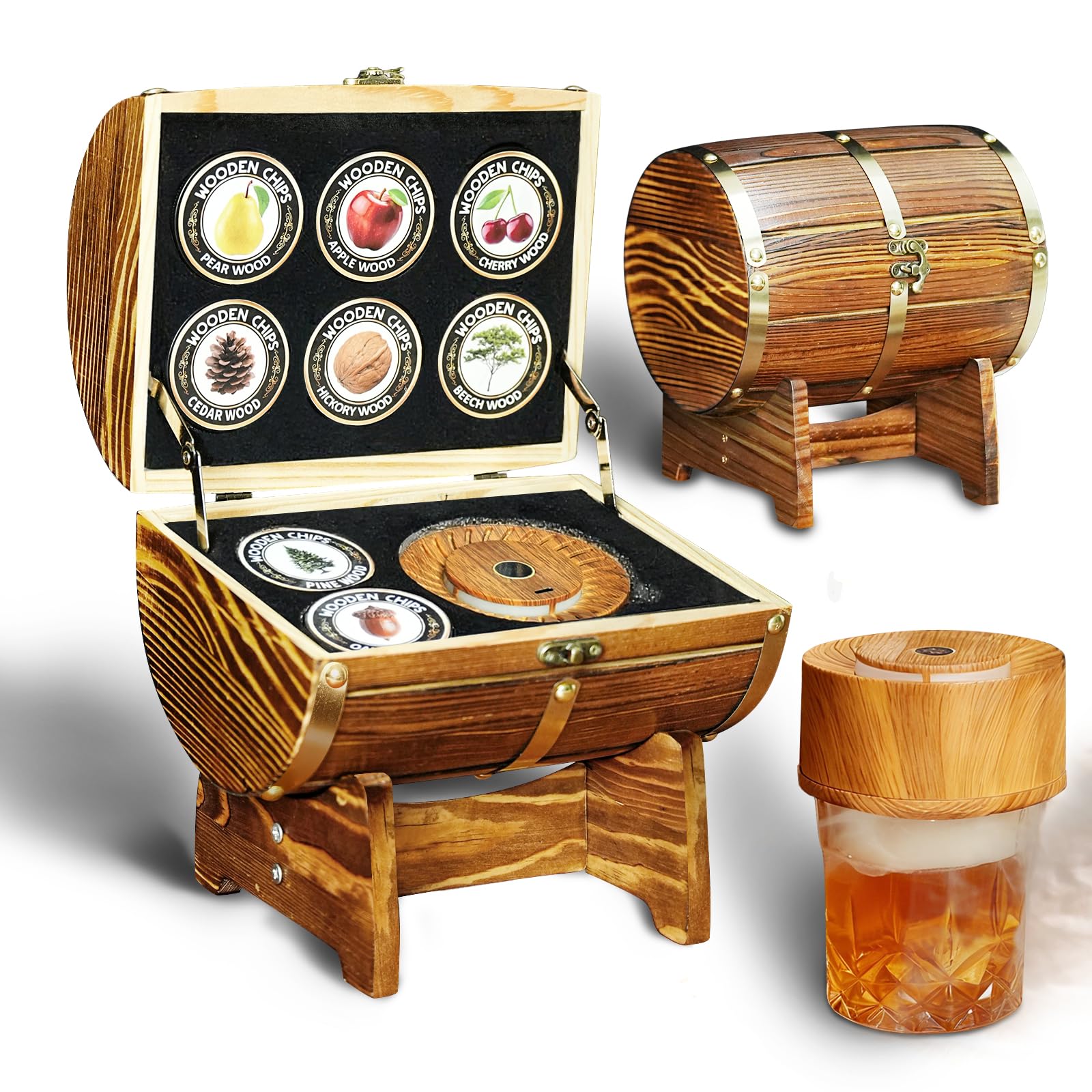 HOMEHELP Whiskey Smoker Kit on the wooden barrel case elevates home bar décor.