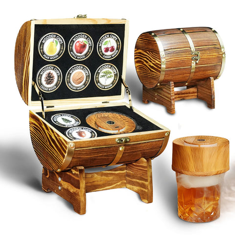 HOMEHELP Whiskey Smoker Kit on the wooden barrel case elevates home bar décor.