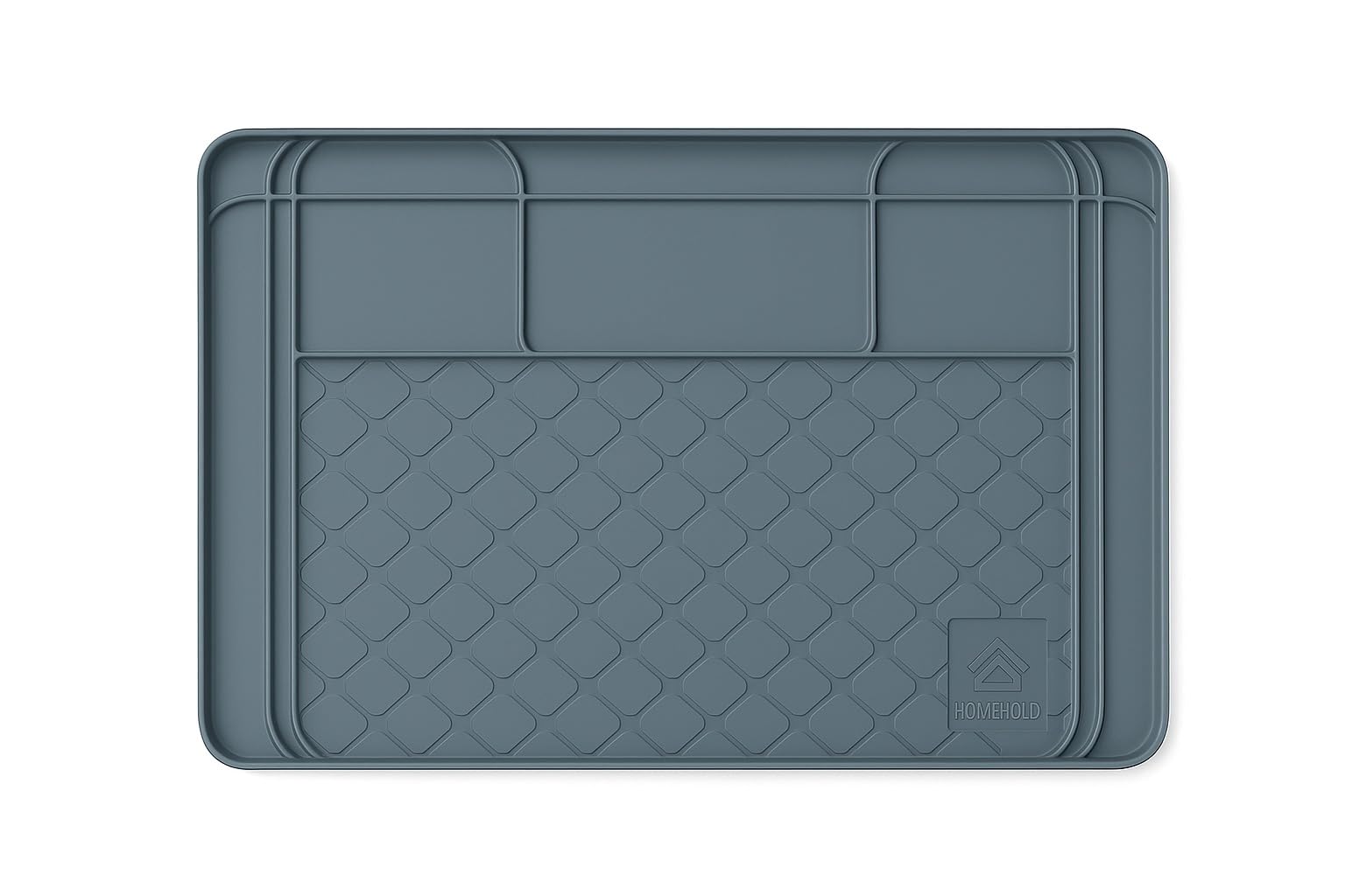 HOMEHOLD under sink mat 34x22 front view in grey showing cabinet protection.