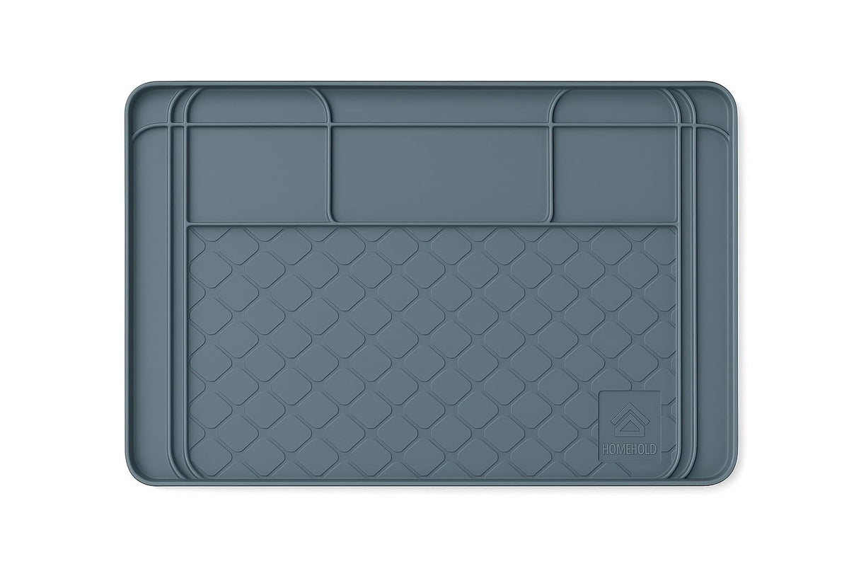 HOMEHOLD under sink mat 34x22 front view in grey showing cabinet protection.