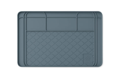 HOMEHOLD under sink mat 34x22 front view in grey showing cabinet protection.