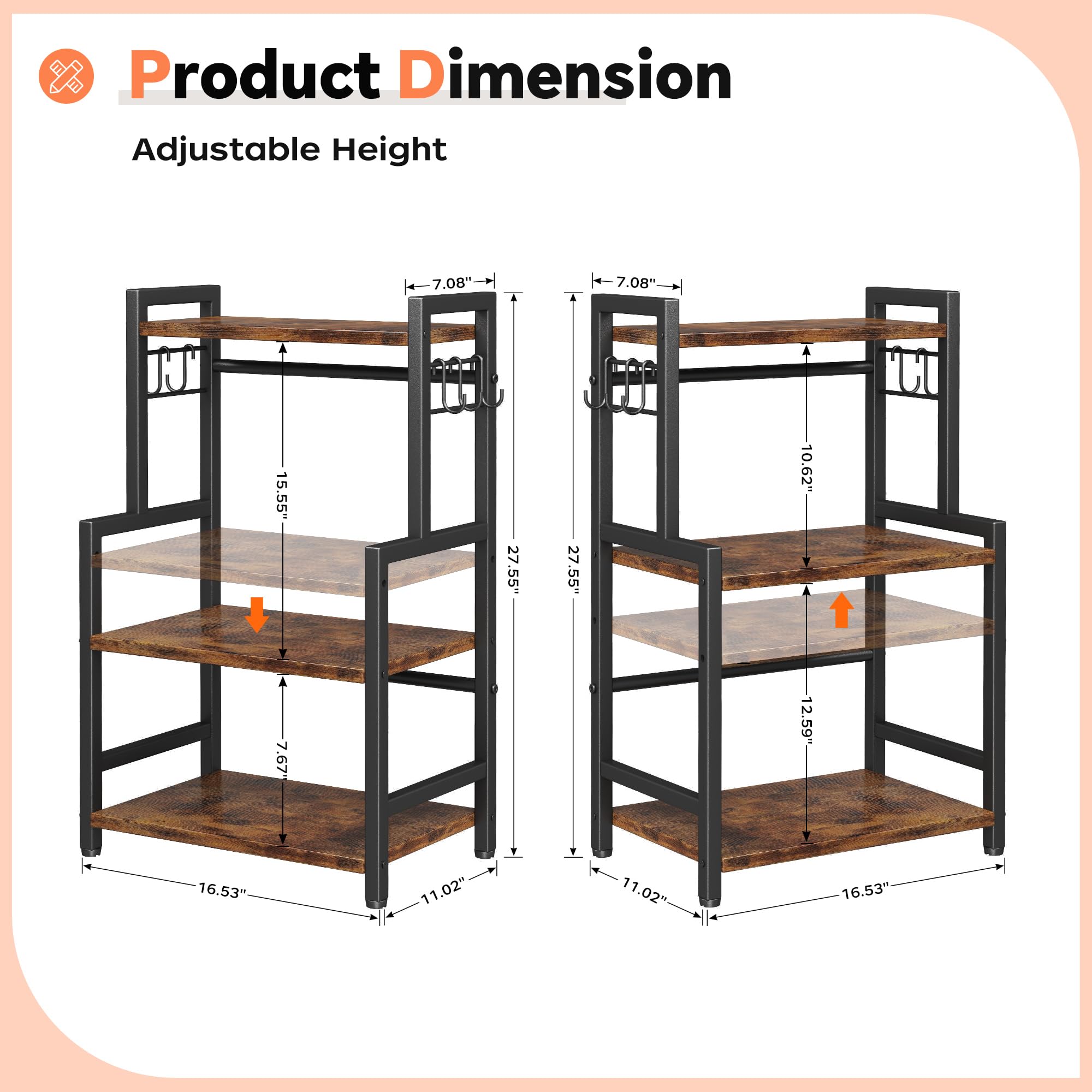 Homeiju dimension chart shows footprint and shelf sizes for planning.