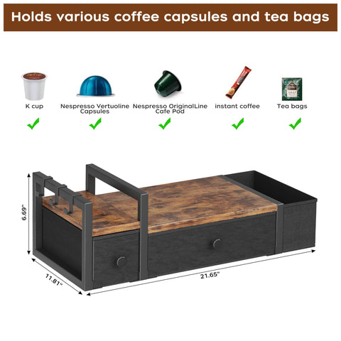 Homeiju Nespresso pod holder with mug rack supports organized coffee space.