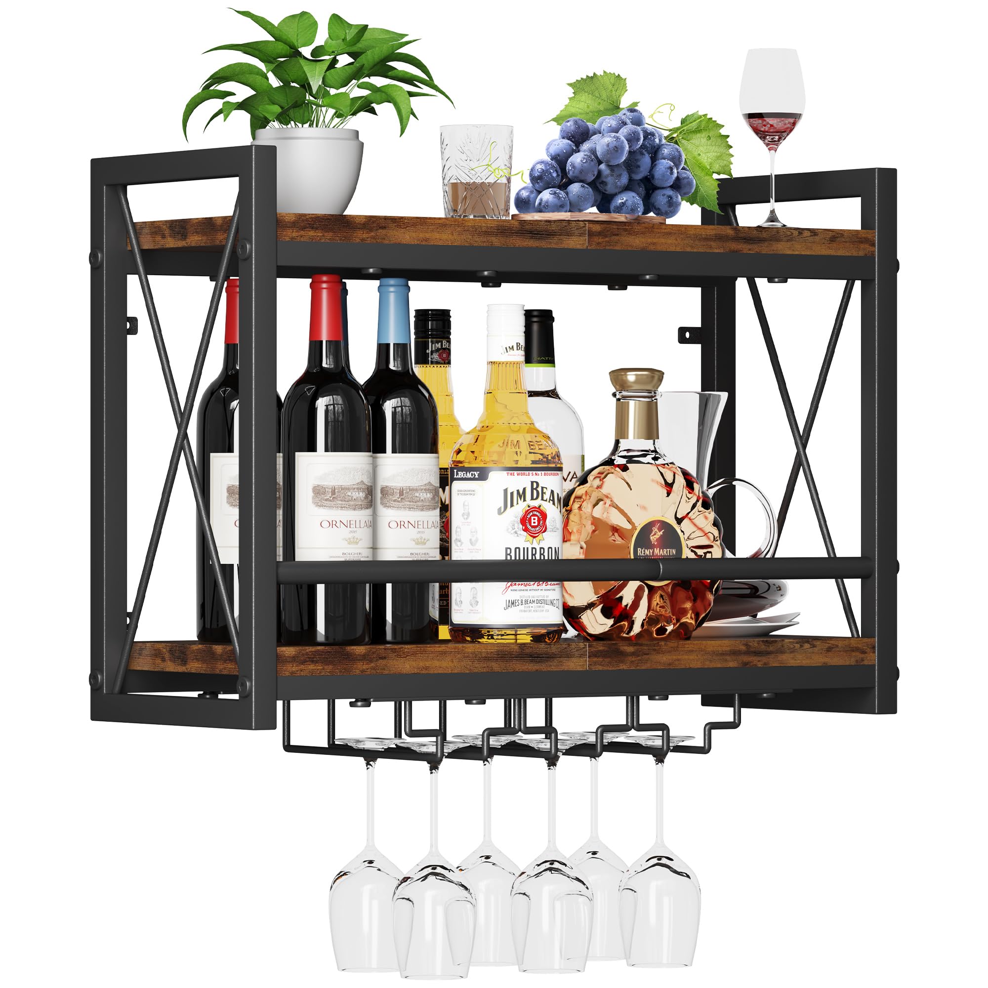 Homeiju metal frame with wood shelf holds glasses securely