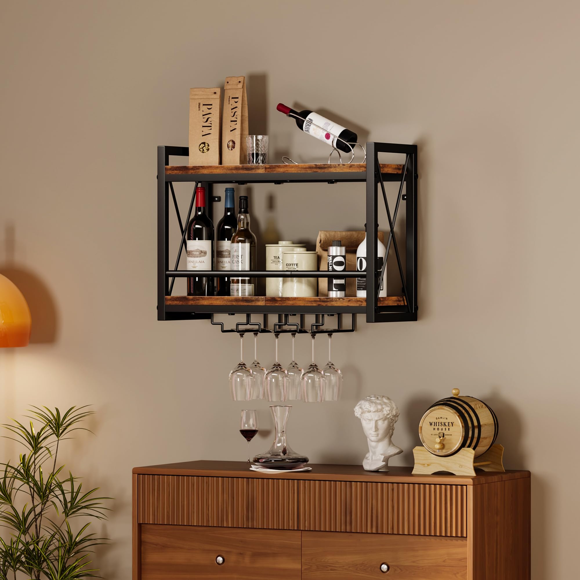 Homeiju multi-function wall shelf stores bottles and glassware elegantly