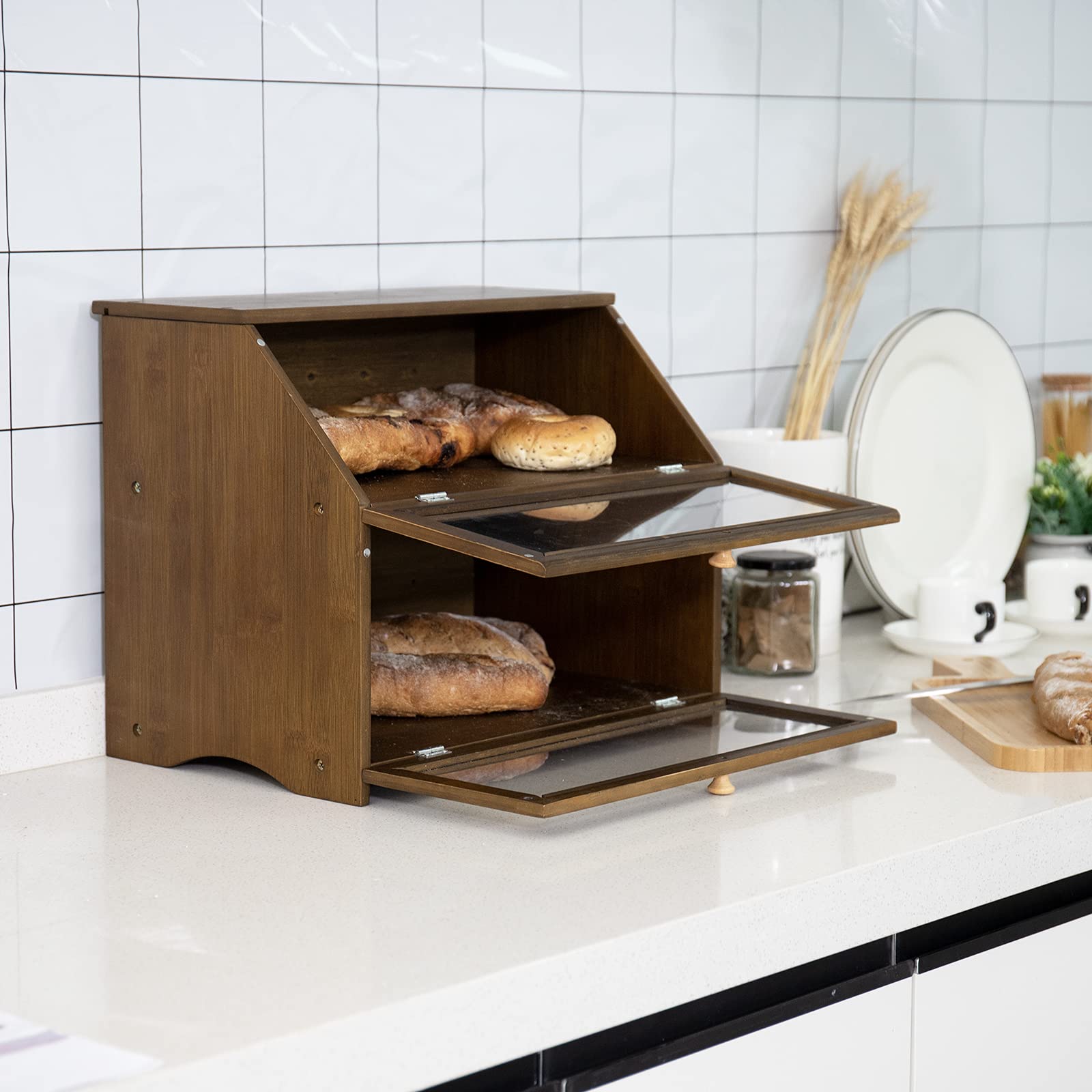HOMEKOKO bamboo bread box interior two-layers highlighting spacious capacity.