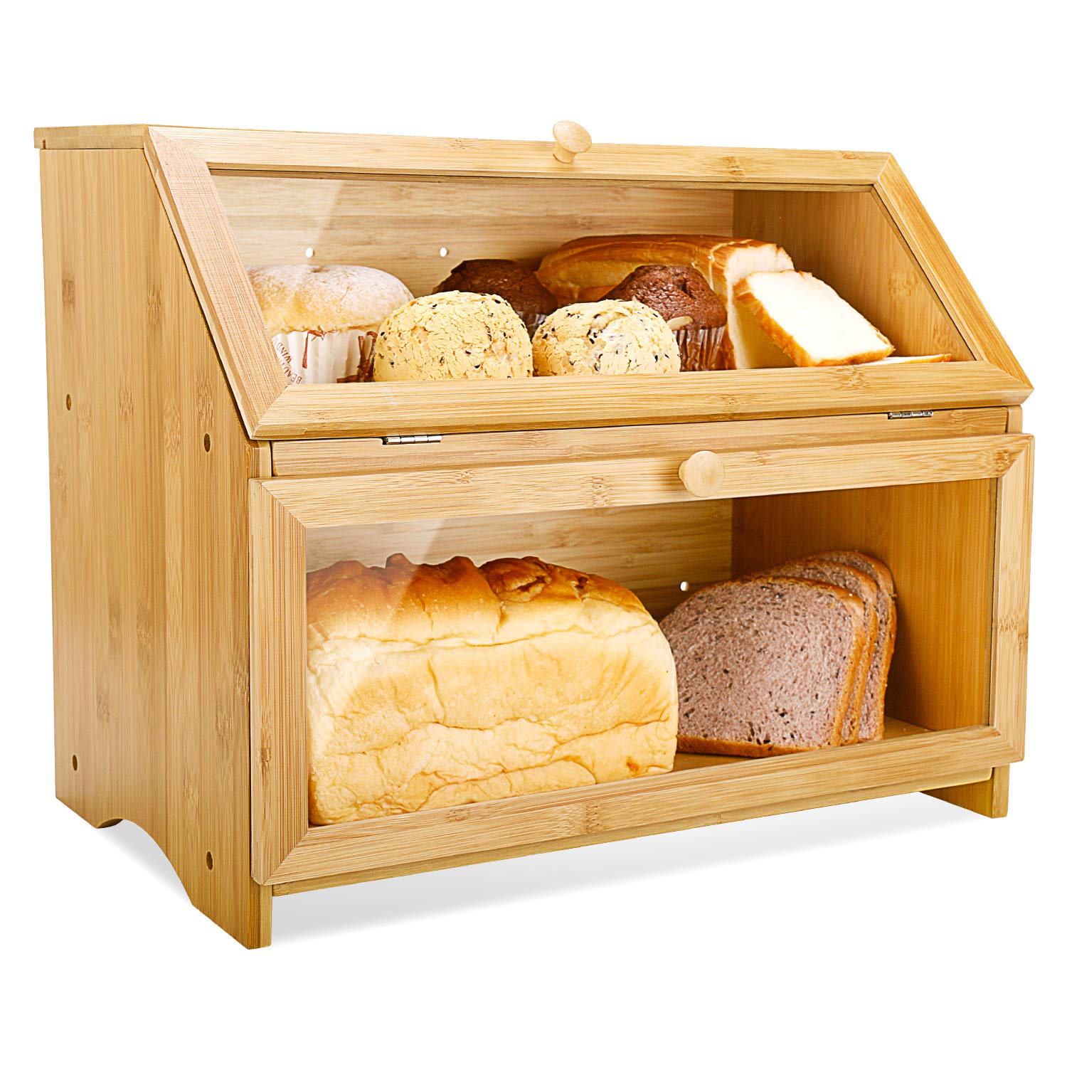 HOMEKOKO bread box on countertop with wooden finish keeps bread visible and fresh.