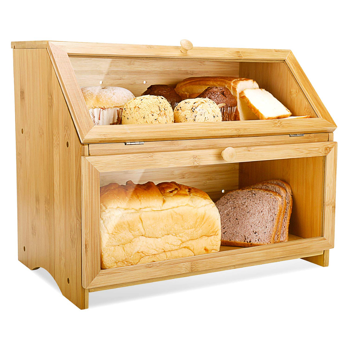 HOMEKOKO bread box on countertop with wooden finish keeps bread visible and fresh.