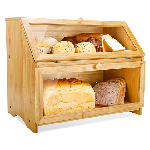 HOMEKOKO bread box on countertop with wooden finish keeps bread visible and fresh.