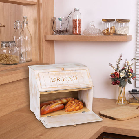 HOMEKOKO bread box lid open shows two-tier interior for multiple loaves