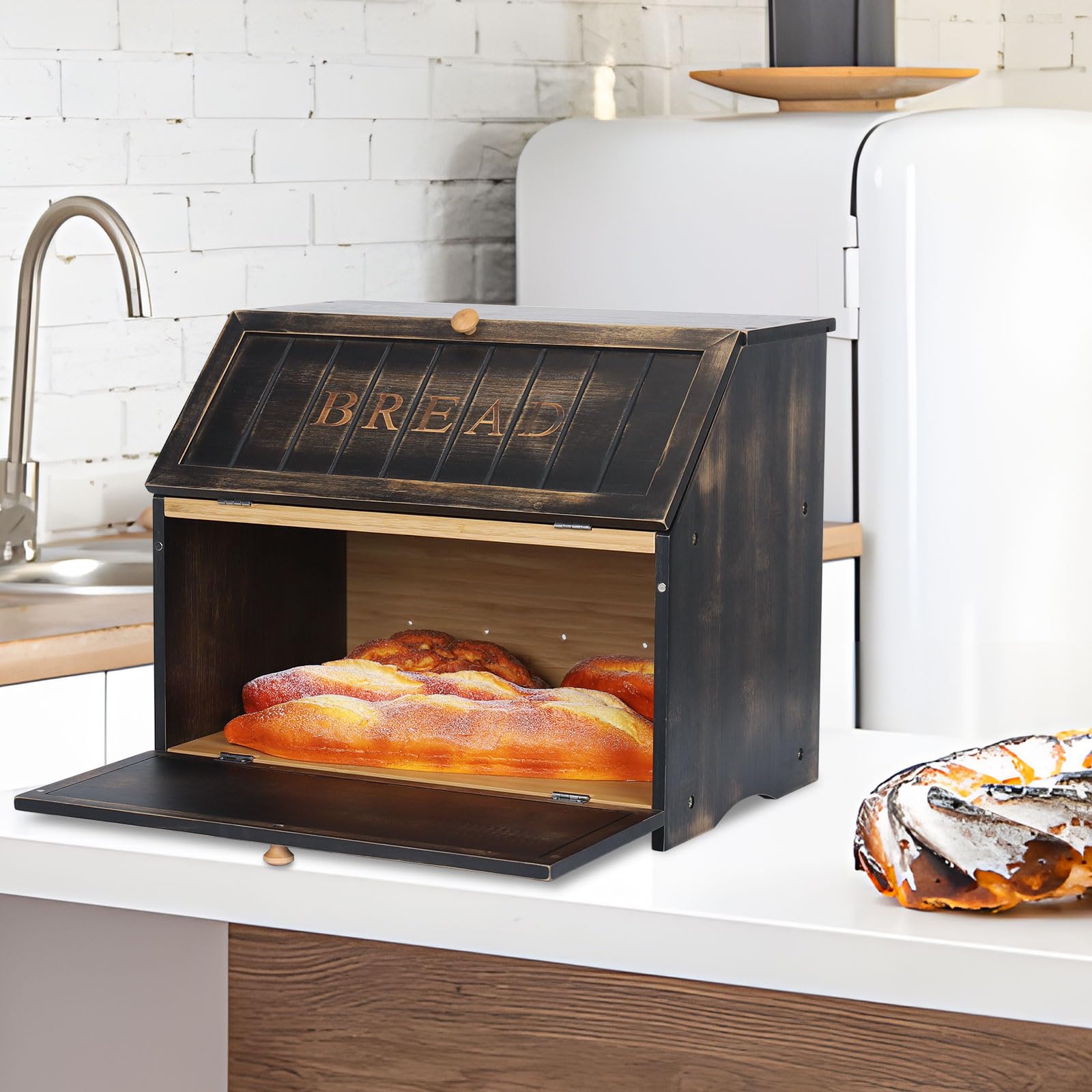 HOMEKOKO bread box two-layer side view highlights retro countertop style.